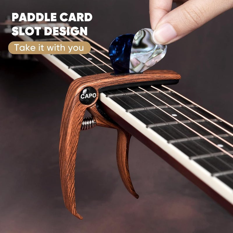 Aarvi 6-String Guitar Capo for Acoustic & Electric Guitars - Universal Clamp with 4 Premium Picks - Compatible with Ukulele, Banjo, Mandolin (Rosewood) - Image 3